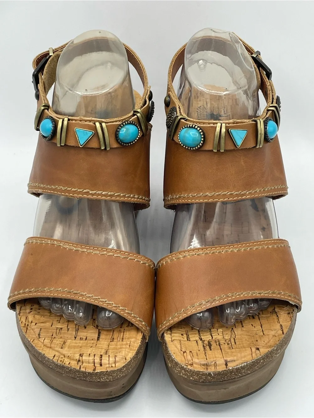 OTBT Layover Brown Leather Wedge Sandals with Turquoise and Metal Stone Accents.